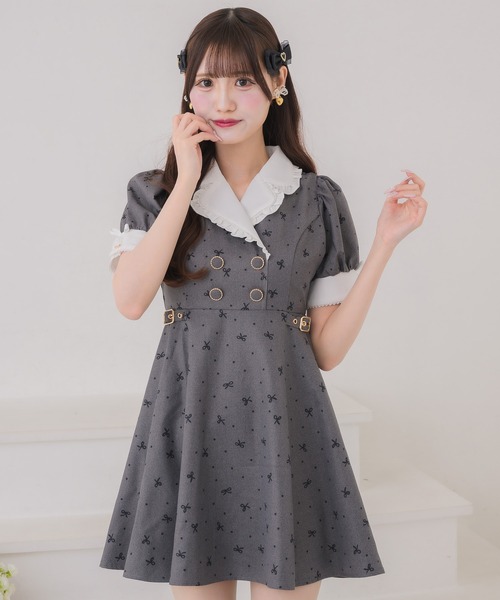 Angelic Prettyドット柄 半袖ミニワンピース リボン ハートボタン クチュールバイロジータ ワンピース 半袖 ドットリボン柄テーラード