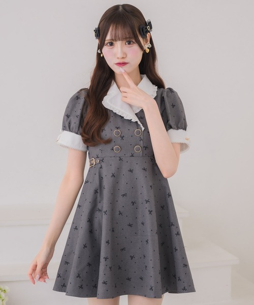 Angelic Prettyドット柄 半袖ミニワンピース リボン ハートボタン クチュールバイロジータ ワンピース 半袖 ドットリボン柄テーラード