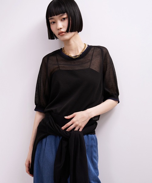 tシャツ 半袖 「WEB限定」リネンmixバイカラーシアーニットTシャツ レディース | ADAM ET ROPE' | 01