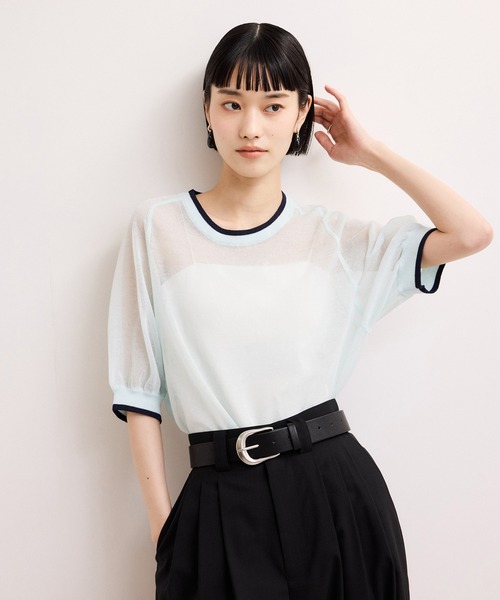 tシャツ 半袖 「WEB限定」リネンmixバイカラーシアーニットTシャツ レディース | ADAM ET ROPE'
