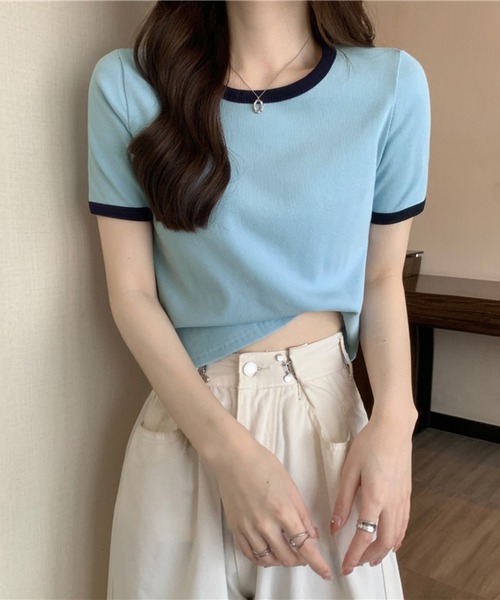 tシャツ バイカラークルーネックリブトップス 半袖 レディース