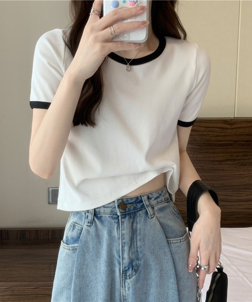 tシャツ バイカラークルーネックリブトップス 半袖 レディース