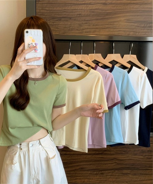 tシャツ バイカラークルーネックリブトップス 半袖 レディース