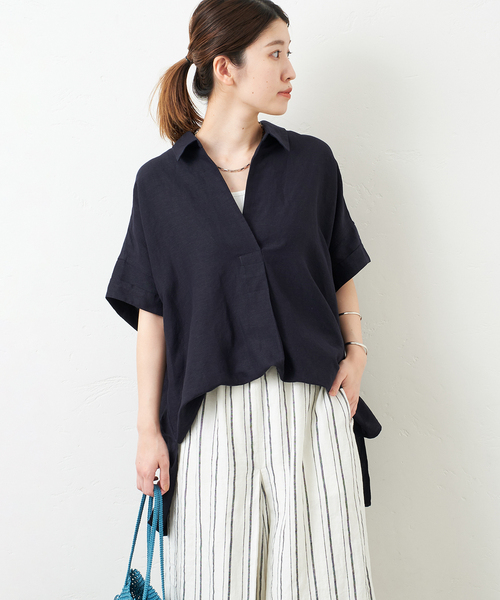 ジャーナルスタンダード　リネンスキッパープルオーバー　ブラック JOURNAL STANDARD シャツ ブラウス スキッパープルオーバー