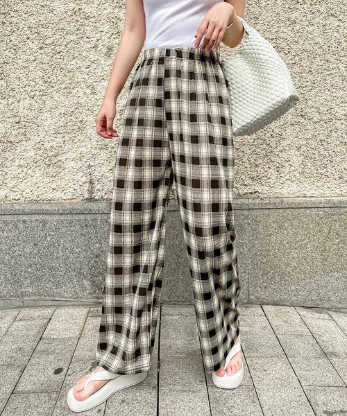 FREE STYLISTS パンツ レディース チェック柄ウエストゴムワイド