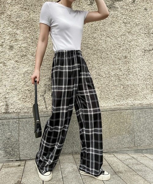 FREE STYLISTS パンツ レディース チェック柄ウエストゴムワイド
