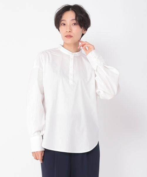 ブラウス シャツ 「ウタオ」袖タックバンドカラーブラウス レディース