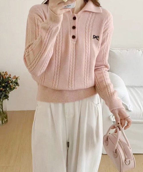 ポロシャツ ポロ リボンポロニット レディース frunco ポロシャツ ポロ リボン刺繍入りニットポロ レディース