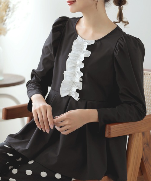 MERAKI ブラウス シャツ バイカラーフリルデザインブラウス レディース MERAKI ブラウス シャツ バイカラーフリルデザインブラウス レディース