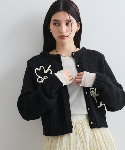 美品¥62,700♡ロゴ刺繍入りロングカーディガン(黒) 38 36 n'OrLABELモヘヤタッチ花柄ジャカードニットロングカーディガン[品番