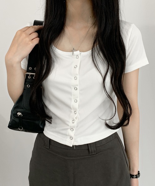 lilful tシャツ クロップフロントスナップボタントップス レディース