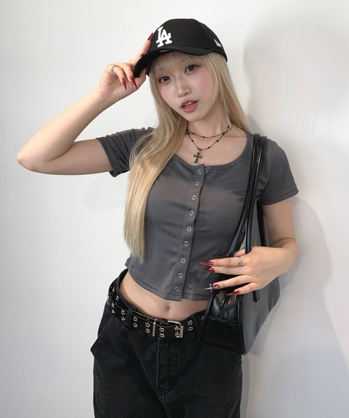 lilful tシャツ クロップフロントスナップボタントップス レディース 