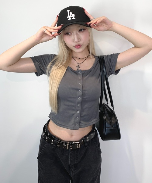 lilful tシャツ クロップフロントスナップボタントップス レディース