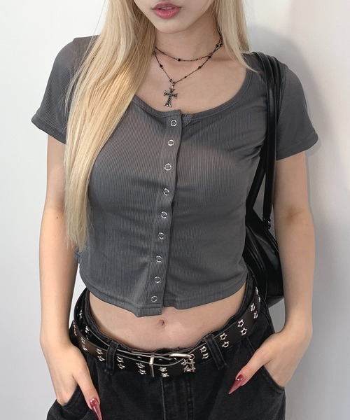 lilful tシャツ クロップフロントスナップボタントップス レディース