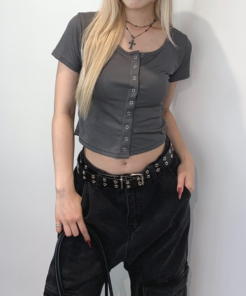 lilful tシャツ 半袖 クロップフロントスナップボタントップス lilful tシャツ 半袖 クロップフロントスナップボタントップス