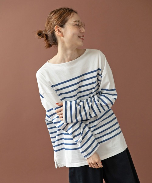 tシャツ パネルボーダー ボートネックプルオーバー レディース