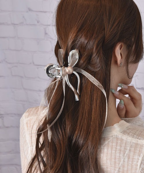 Mayree ヘアクリップ 「float」リボン チュール レース バンスクリップ 
