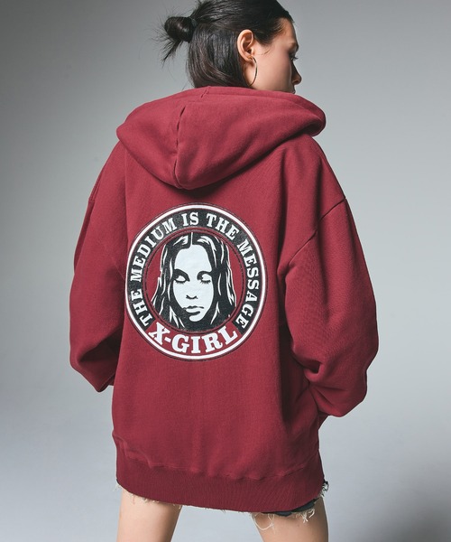 X-girl フード付きパーカー(赤) CIRCLE LOGO AND FACE ZIP UP SWEAT HOODIE（パーカー）｜X-girl