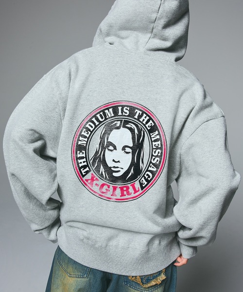 X-girl デニムパーカー 大人気 FACE COMPACT ZIP UP HOODIE X-girl (X-girl/パーカー