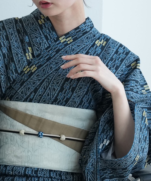 utatane 浴衣 浴衣3点セット ローケツ染め風 鉄紺に鎖縞