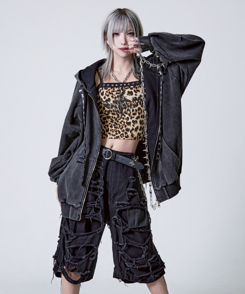 レフレム ダメージ加工うさ耳ZIPパーカー (グレー) REFLEM パーカー 「REFLEM/レフレム」スタッズうさ耳ZIPパーカー