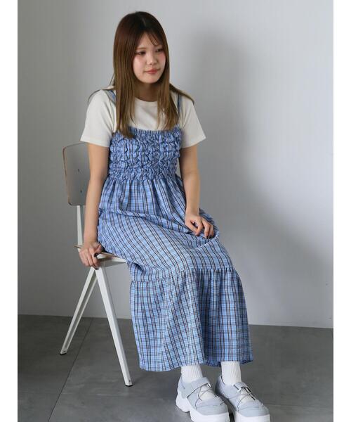 専用ページ⭐︎Apolina 刺繍入り青チェックワンピース 5-7y ehka sopo（エヘカソポ） ワンピース チェックシャーリングキャミ