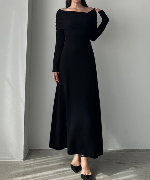 Louere ワンピース アシメネックフレアニットワンピース「高身長サイズ