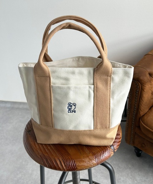 クマ刺繍 ベージュ キャンバストートバッグ cepo（セポ） ハンドバッグ クマ刺繍ミニトートバッグ : ZOZOTOWN