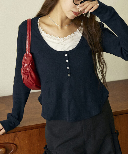 PUBLUX（パブリュクス） ヘンリーネック tシャツ レイヤード風