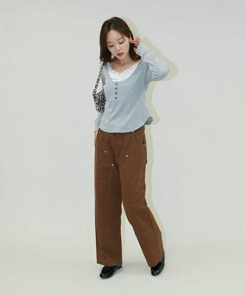レイヤード風ドッキングトップス&ワイドパンツ(GIRL) ダークブラウン PUBLUX（パブリュクス） ヘンリーネック tシャツ レイヤード風