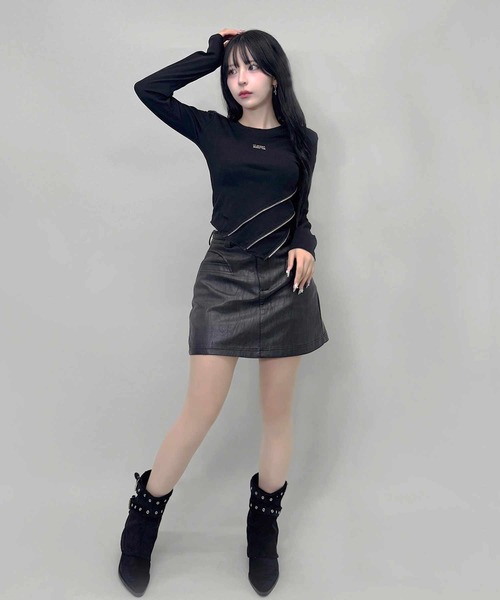 【M／新品】Y2K 00s Save The Queen 肩あきトップス 黒 FOLLOWIN（フォロウィン） tシャツ アシメジップデザインY2Kムード