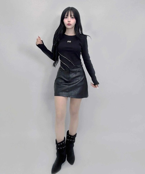 【M／新品】Y2K 00s Save The Queen 肩あきトップス 黒 FOLLOWIN（フォロウィン） tシャツ アシメジップデザインY2Kムード
