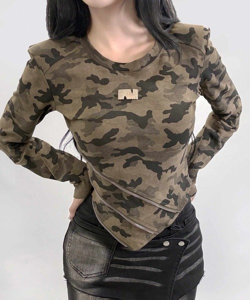 FINAL  カモ柄 ロンT 裏擦り archive Y2K FOLLOWIN（フォロウィン） tシャツ アシメジップデザインY2Kムード