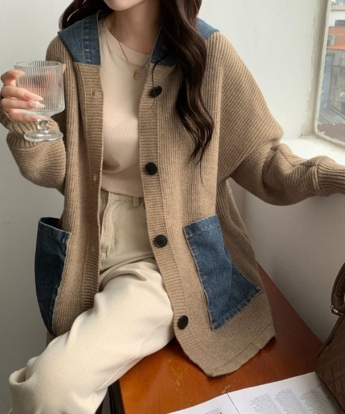 新品　今季　エイミーロウ　デニムドッキングニットパーカー　アイボリー ABITOKYO（アビトーキョー） パーカー デニムドッキングフーディニット