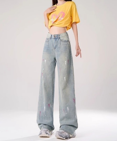 ジーンズ デニム デニムパンツ ペイント加工ワイドデニム レディース 