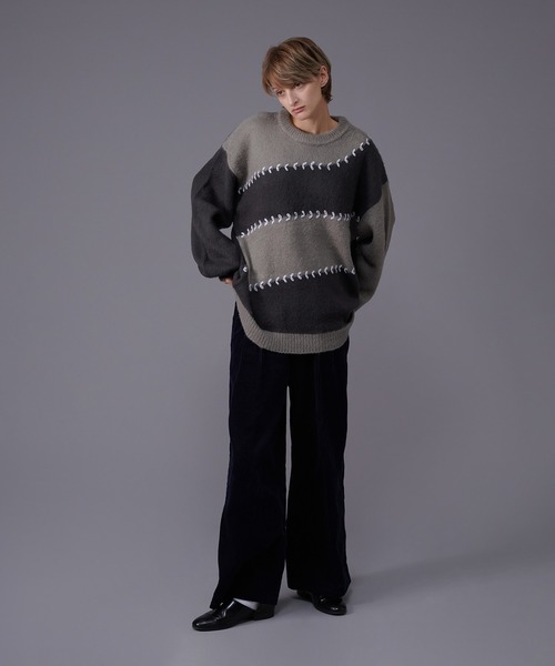 ルーズ オーバーサイズ  バイカラ― ハート メンズ ニット ONCILY セーター ニット HEART STITCH BICOLOR KNIT / ハート