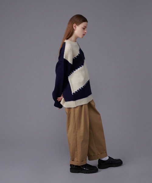 ルーズ オーバーサイズ  バイカラ― ハート メンズ ニット ONCILY セーター ニット HEART STITCH BICOLOR KNIT / ハート