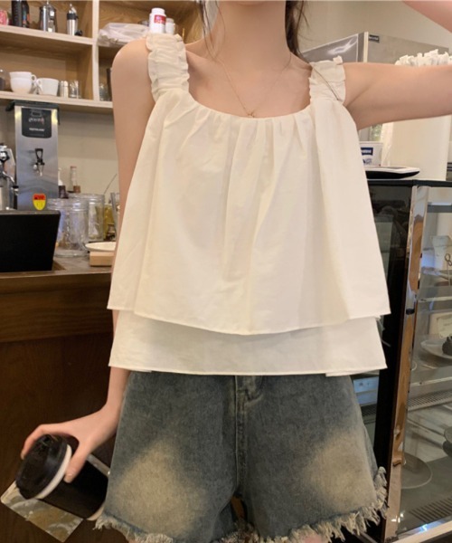 タンクトップ ノースリーブ ギャザーデザイン ノースリーブトップス