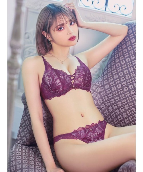 Jp レース付きパープル／ワインブラジャーショーツ 3セット ブラジャー ショーツセット 3点セット クロス ビューティ レース