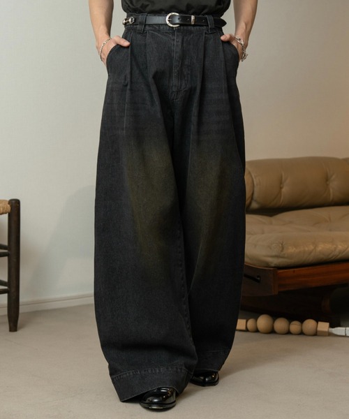 soerte ワイドバギーヴィンテージライクデニムパンツ Wide buggy vintage like denim pants ' Mud dyeing / Washed