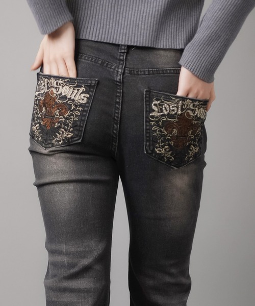 B235【W34】【真っ黒】ロックリバイバル 刺繍デニムパンツ 太ステッチ 良好 SPINNS ジーンズ デニム デニムパンツ 「リバイバルギャルパンツ