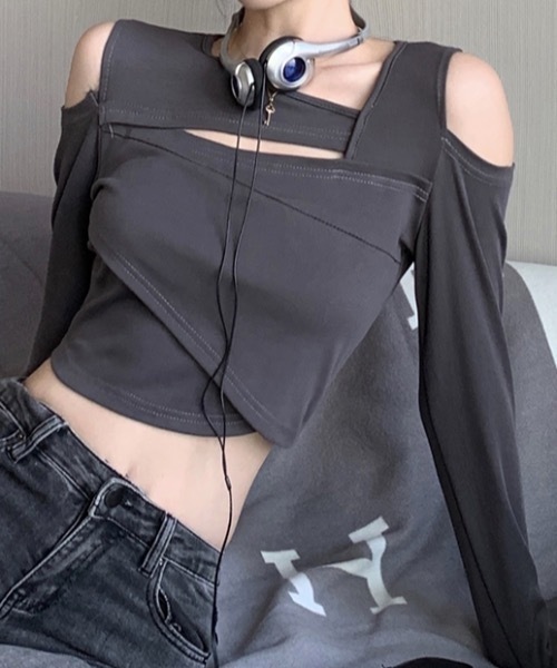 tシャツ ショルダーオープン カットデザイン ロンT レディース