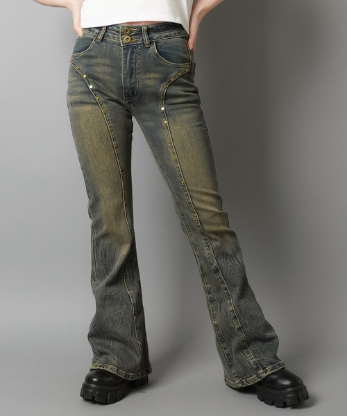 seyto スタッズピンストライプワイドフレアデニムパンツ Studs pin stripe wide flare denim pants / スタッズピン