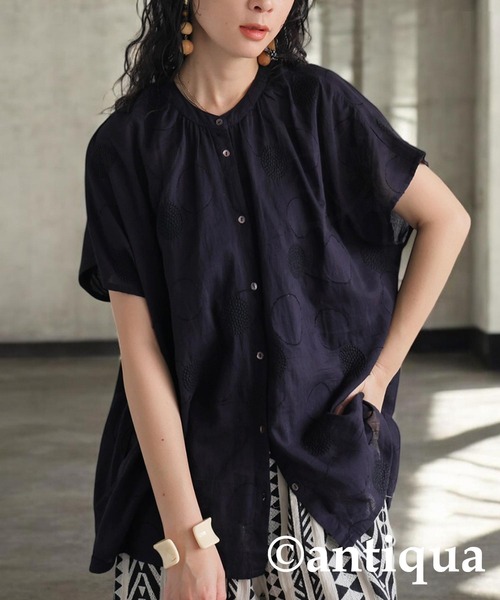 ブラウス シャツ インド綿 刺繍シャツ レディース メンズ antiqua ブラウス シャツ インド綿ドット刺繍シャツ レディース