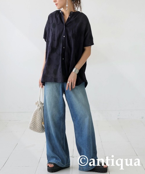 antiqua ブラウス シャツ インド綿ドット刺繍シャツ レディース
