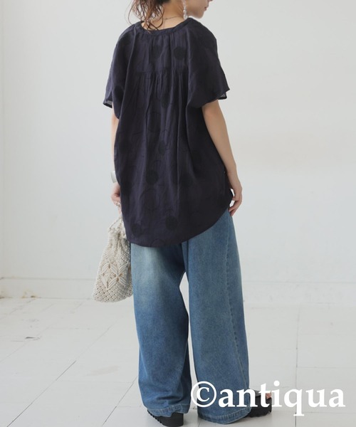 antiqua（アンティカ） ブラウス シャツ 半袖 ドット 刺繍 インド綿