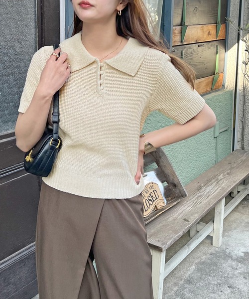 リボン付き クリーム 色半袖 ニット ポロ ポロニット リボン付き クリーム 色半袖 ニット ポロ ポロニット