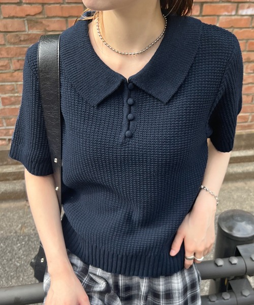 ニット セーター 「新色追加」半袖ニットポロシャツ レディース