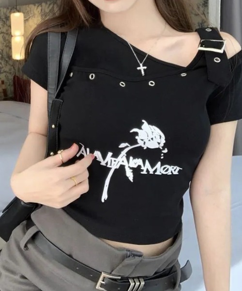 lilful tシャツ 半袖 ワンショルダーベルトデザインクロップド丈