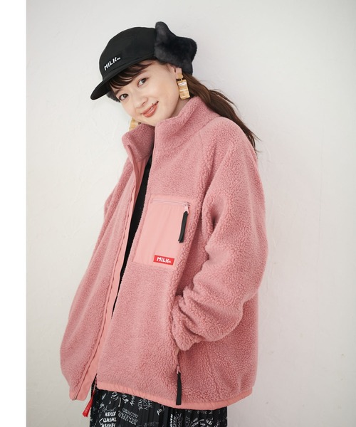 【新品未使用】フード付きボアライニングジャケット ネイビー/ピンク ジップアップフード付き ボンバージャケット TINA：JOJUN 全3色